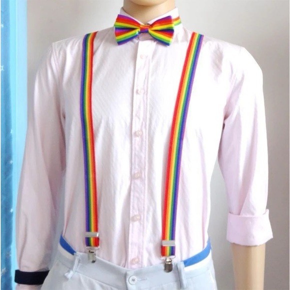 Clip-on Suspenders Elastic Seven Color Rainbow Stripe Pattern Y-back - Picture 2 of 7